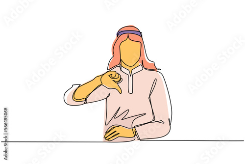 Single continuous line drawing unhappy young Arabian man showing thumbs down sign gesture. Dislike, disagree, disappointment, disapprove, no deal. Emotion, body language. One line draw design vector