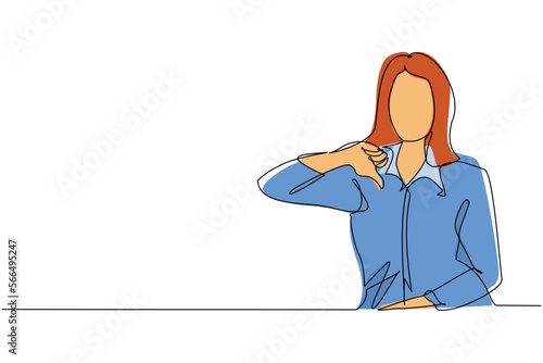 Single one line drawing unhappy young woman showing thumbs down sign gesture. Dislike, disagree, disappointment, disapprove, no deal. Emotion, body language concept. Continuous line draw design vector