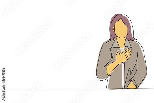 Single one line drawing young woman keeping hands on chest. Smiling friendly female expressing gratitude. Emotion, body language concept. Modern continuous line draw design graphic vector illustration