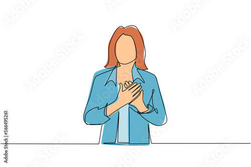 Continuous one line drawing young woman keeping hands on chest. Female suffering from chest pain or heart attack. Health care concept. Emotion and body language. Single line draw design vector graphic