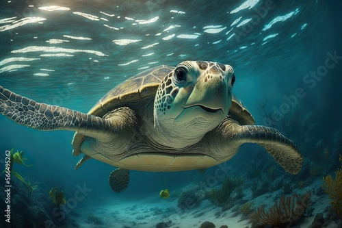 Portrait of a sea turtle swimming underwater. generative ai
