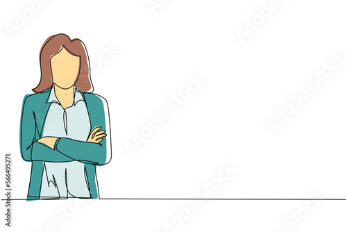 Single continuous line drawing smiling confident young woman in shirt, keeping arms crossed. Active businesswoman standing with folded arms pose. One line draw graphic design vector illustration
