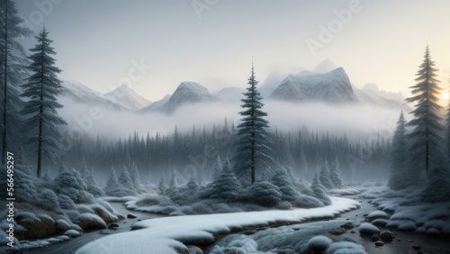 Beautiful winter landscape forest by the river, mountains in the background