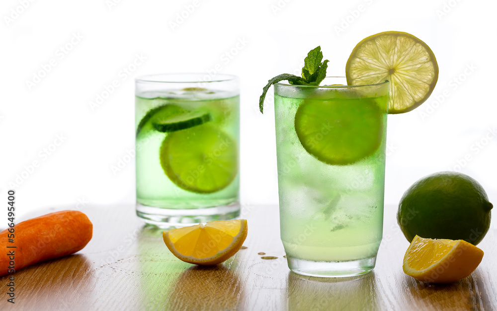 Classic gin tonic cocktails on bar counter in pub or restaurant against on white background. Classic gin tonic cocktails on bar counter in pub or restaurant against on white background.