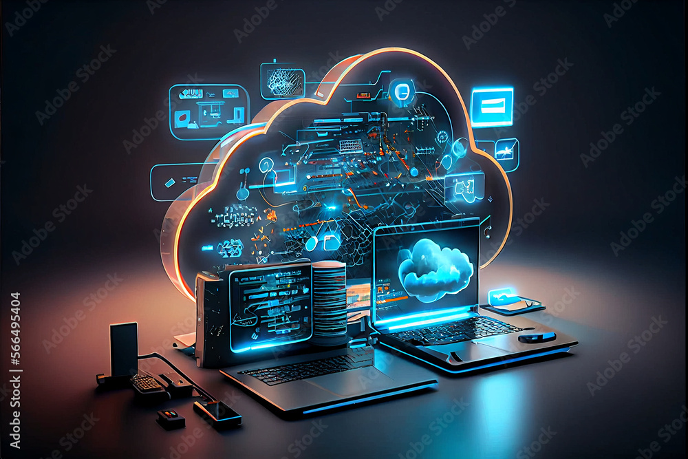Cloud technology, computing. Devices connected to digital storage in the data center via the Internet, IOT, Smart Home Communication laptop, tablet, phone home devices with an online. Generative AI - obrazy, fototapety, plakaty 