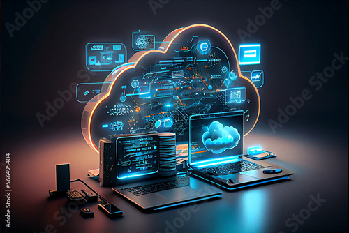Cloud technology, computing. Devices connected to digital storage in the data center via the Internet, IOT, Smart Home Communication laptop, tablet, phone home devices with an online. Generative AI photo