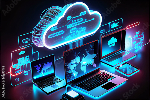 Cloud technology. Cloud computing. Devices connected to digital storage in a data center over the Internet. IOT. Smart Home. Communication laptop, tablet, phone and home devices. Generative AI