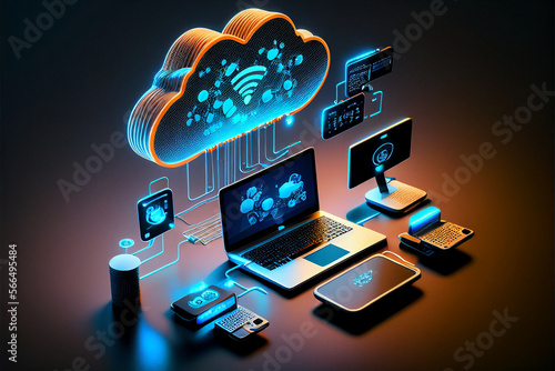 Cloud technology. Cloud computing. Devices connected to digital storage in a data center over the Internet. IOT. Smart Home. Communication laptop, tablet, phone and home devices. Generative AI photo