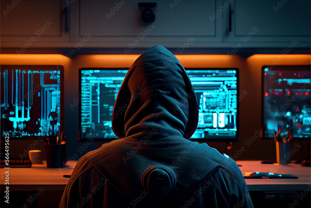 Hooded gamer at the computer playing online games in a meta universe, online cyberspace on the Internet. Data exchange, global cyber network, neon. Generative AI Hooded gamer at the computer playing online games in a meta universe, online cyberspace on the Internet. Data exchange, global cyber network, neon. Generative AI