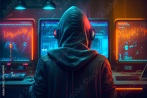 Hooded gamer at the computer playing online games in a meta universe, online cyberspace on the Internet. Data exchange, global cyber network, neon. Generative AI