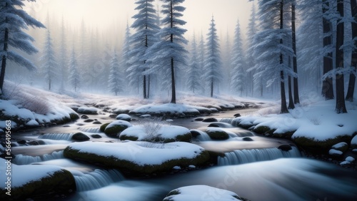 Beautiful winter landscape forest by the river, mountains in the background
