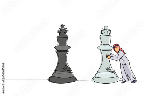 Continuous one line drawing Arabic businessman push huge king chess piece. Business strategy and marketing plan. Strategic move in business concept. Single line draw design vector graphic illustration