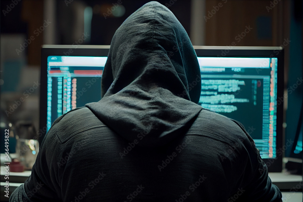 A hooded hacker at a computer works with data and motion code in a meta universe, online cyberspace on the Internet. Generative AI A hooded hacker at a computer works with data and motion code in a meta universe, online cyberspace on the Internet. Generative AI