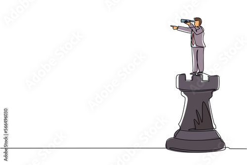 Continuous one line drawing businessman on top of big rook chess piece using telescope looking for success, opportunities, future business trends. Single line draw design vector graphic illustration