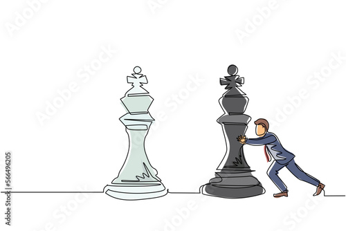 Single one line drawing young businessman push huge king chess piece. Business strategy and marketing plan. Strategic move in business concept. Continuous line draw design graphic vector illustration
