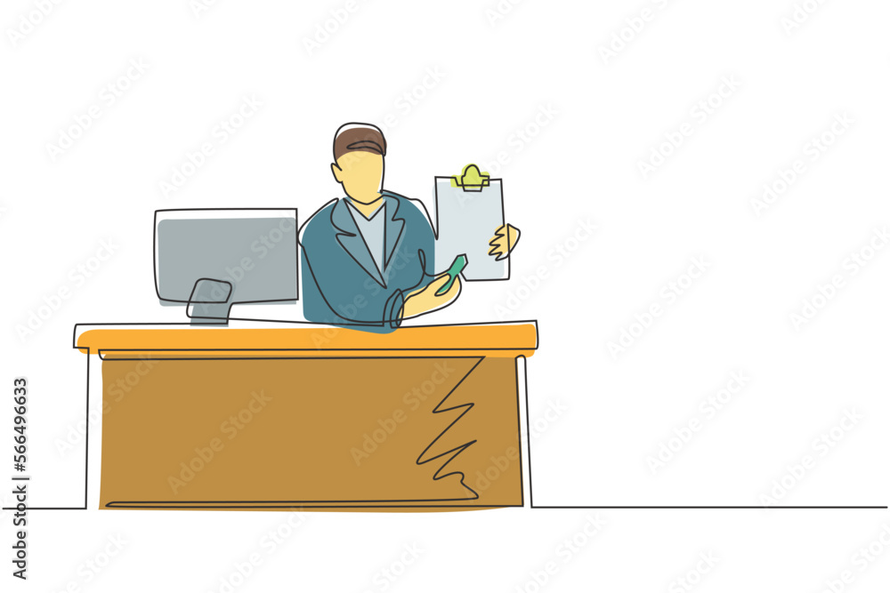 Single one line drawing smiling banking clerk showing bank credit, loan contract or mortgage agreement sitting at desk with computer. Businessman lender. Continuous line draw design graphic vector Single one line drawing smiling banking clerk showing bank credit, loan contract or mortgage agreement sitting at desk with computer. Businessman lender. Continuous line draw design graphic vector