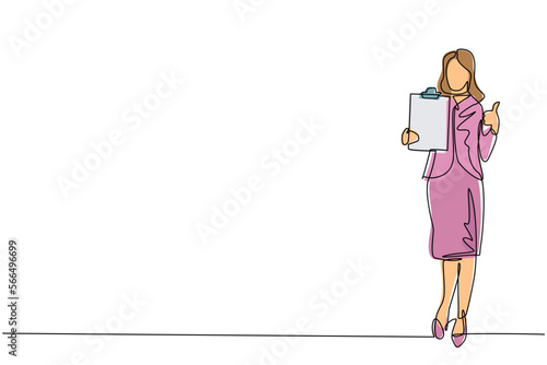 Single continuous line drawing happy young businesswoman wearing blazer holding clipboard and making or showing thumbs up gesture or sign. Person keeping file pad in hand. One line draw design vector