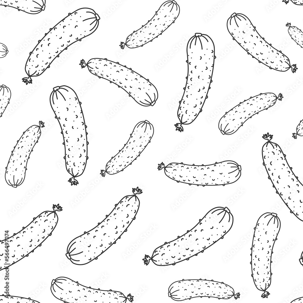 doodle seamless pattern with cucumber. Vector poster with vegetables on a white background with black lines