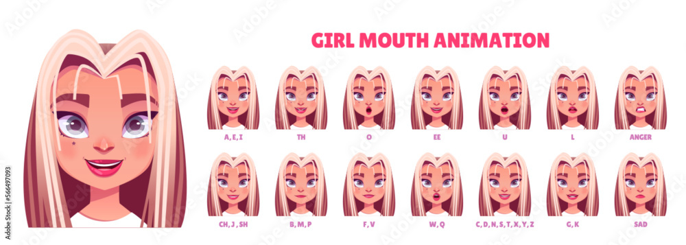 Blonde teen girl mouth animation set isolated on white background. Lip ...