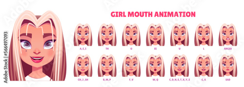 Blonde teen girl mouth animation set isolated on white background. Lip sync collection. Vector cartoon illustration of female teenager pronouncing different sounds, angry and sad face expressions