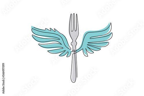 Single one line drawing food fork with wings fly flat logo symbol icon. Winged silhouette kitchen fork. Food business restaurant theme. Modern continuous line draw design graphic vector illustration