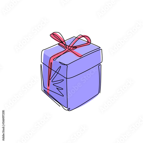 Single continuous line drawing gift box with ribbon icon. Birthday celebration. Surprise gift box, special give away package, loyalty program reward. One line draw graphic design vector illustration