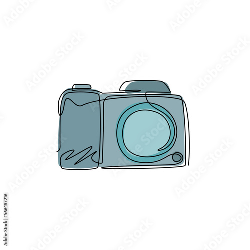 Single continuous line drawing photo camera icon. Photography and photo studio logo. Business sign, identity, label, badge and branding for business. One line draw graphic design vector illustration