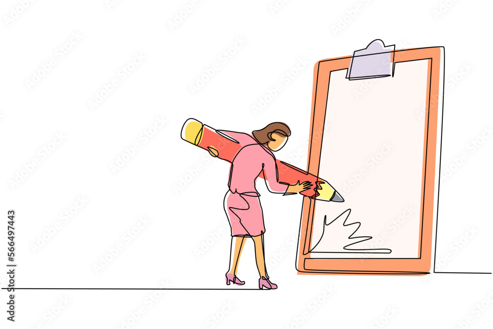 Fototapeta premium Continuous one line drawing businesswoman mark checklist with pencil. Person completion business task. Goal achievements planning schedule concept. Single line draw design vector graphic illustration