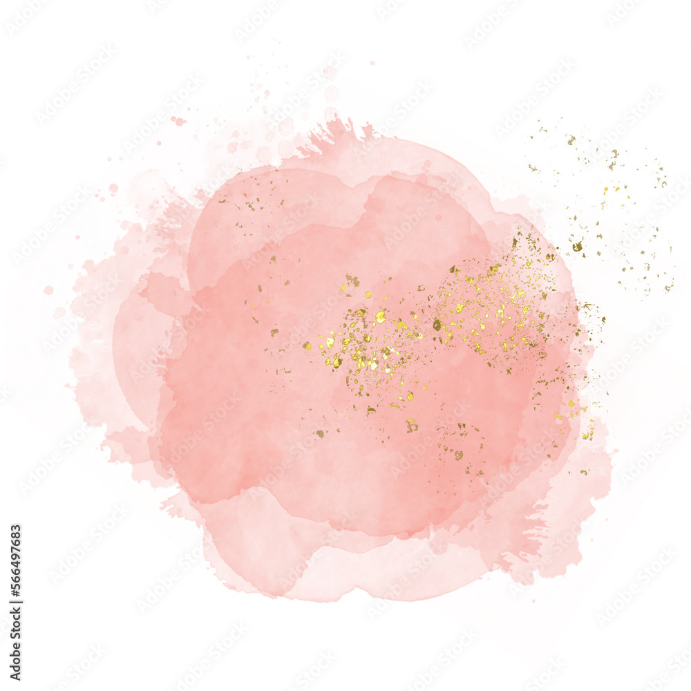 Pastel rose or pink watercolor brush stroke splash with luxury golden frame and glitter gold lines round contour frame for banner or logo wedding elements 