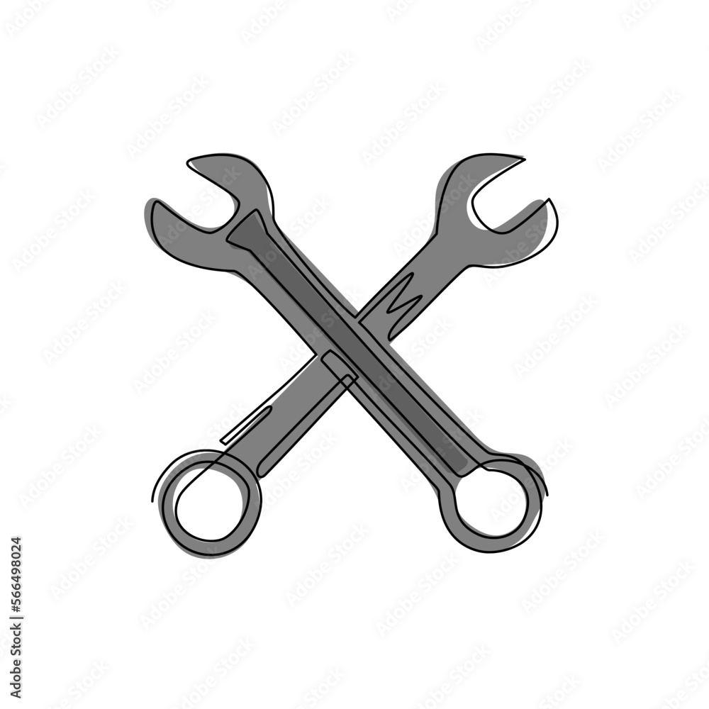 Single one line drawing repair icon. Two crossed wrenches. Auto mechanic car repair shop logo with wings. Fast car service, vehicle maintenance. Continuous line draw design graphic vector illustration Single one line drawing repair icon. Two crossed wrenches. Auto mechanic car repair shop logo with wings. Fast car service, vehicle maintenance. Continuous line draw design graphic vector illustration