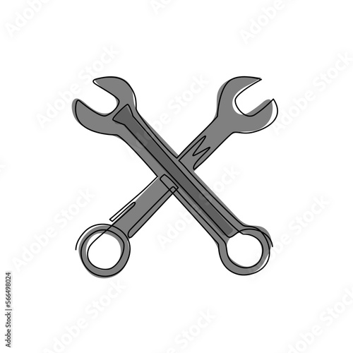 Single one line drawing repair icon. Two crossed wrenches. Auto mechanic car repair shop logo with wings. Fast car service, vehicle maintenance. Continuous line draw design graphic vector illustration