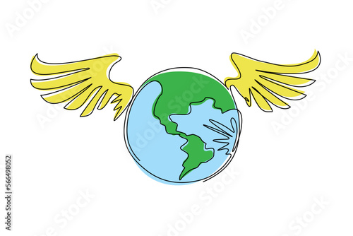 Single one line drawing winged globe world with logo. Travel sign. Stylized earth with wings symbol. Design element. Inspiration and encouragement concept. Continuous line draw design graphic vector