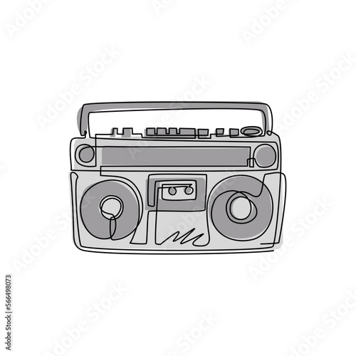 Single one line drawing radio tape or boombox black and white music emblem. Tape recorder monochrome graffiti. Retro radio icon symbol. Modern continuous line draw design graphic vector illustration