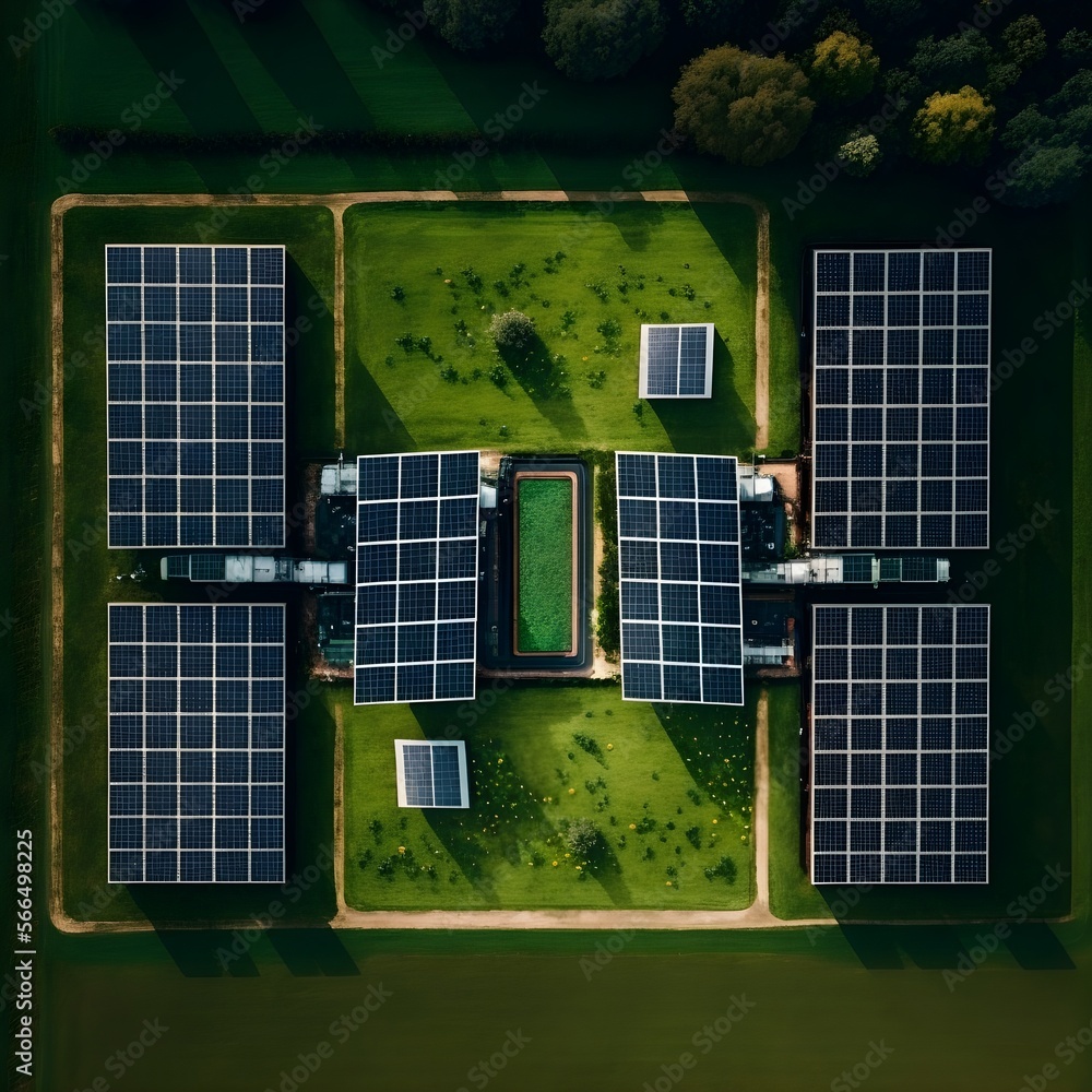 Solar panels seen from above over lush grass