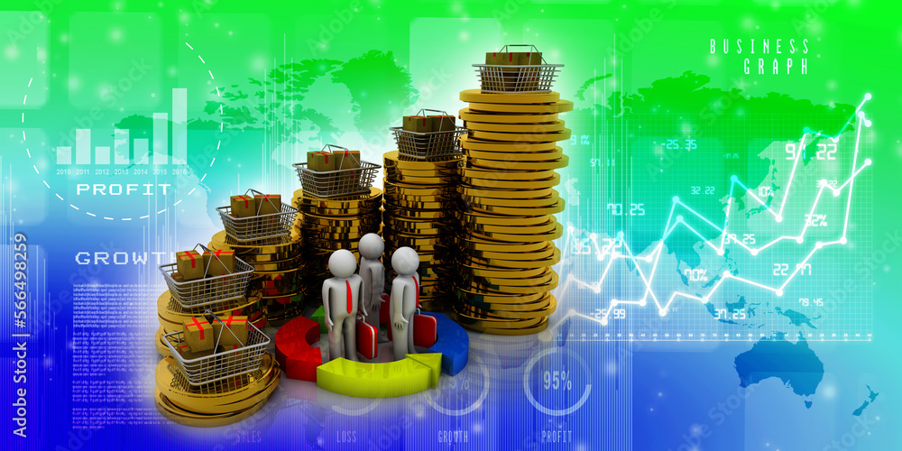 3d rendering Cardboard boxes on basket with gold coin graph near business men 3d rendering Cardboard boxes on basket with gold coin graph near business men