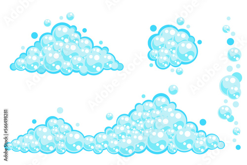 Soap foam set with bubbles. Carton light blue suds of bath water, shampoo, shaving, mousse. Vector illustration isolated on white background.