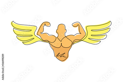 Single one line drawing bodybuilder with wings, fitness and bodybuilding theme. Fitness gym logo design template weightlifting. Sport fitness club. Continuous line draw graphic vector illustration