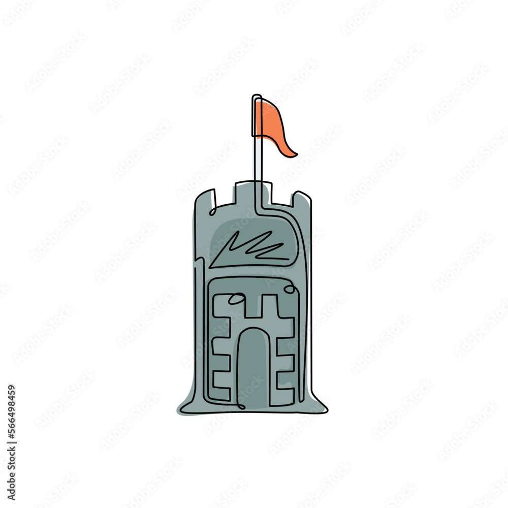 Obraz premium Continuous one line drawing ancient fortress emblem. Heraldic coat of arms, vintage symbol. Retro logo in old style on isolated white background. Single line draw design vector graphic illustration