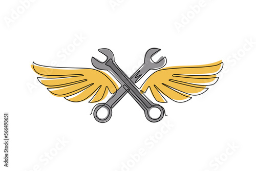 Single continuous line drawing two crossed wrench with wings. Auto mechanic car repair shop icon with wings. Fast car service, vehicle maintenance. One line draw graphic design vector illustration