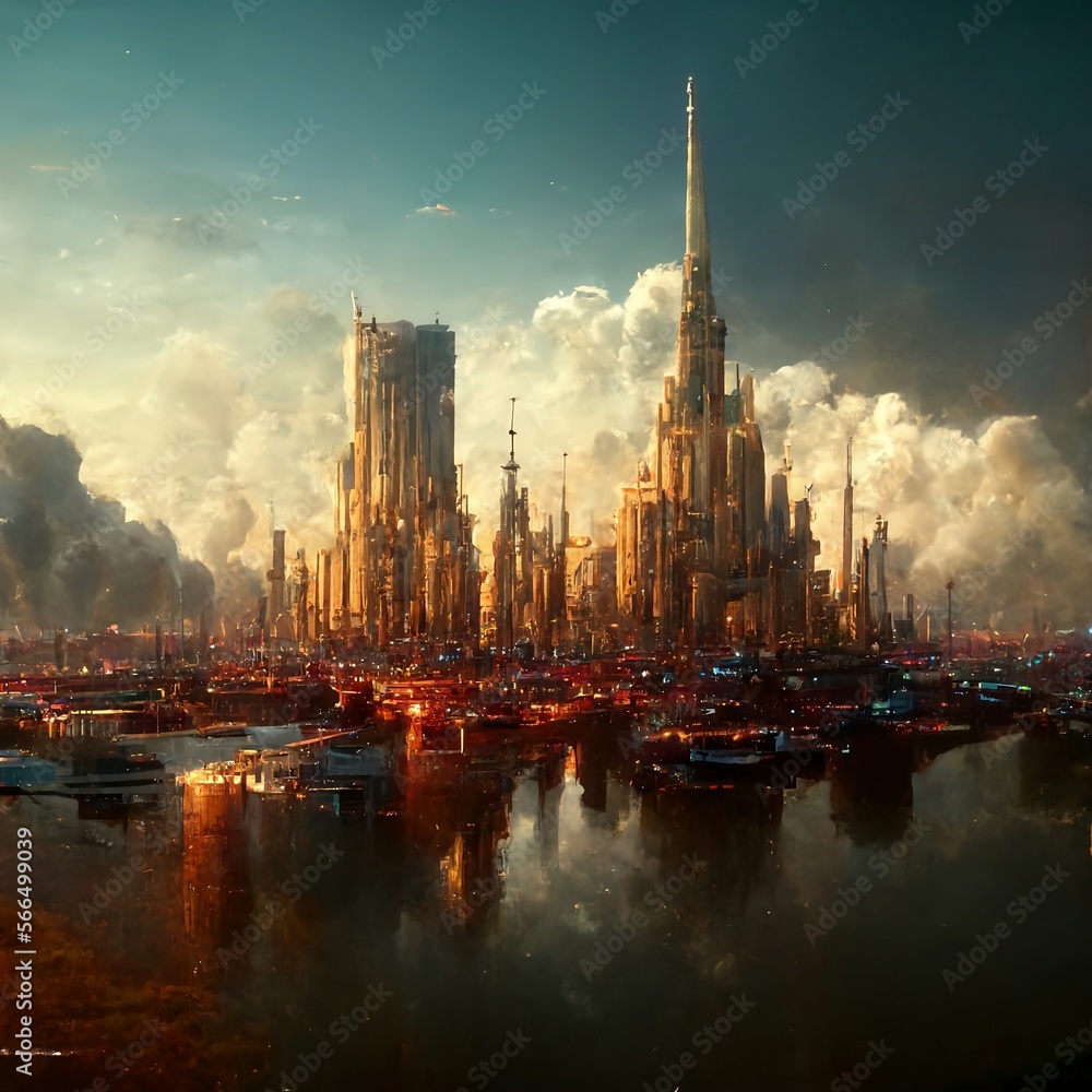 Illustration of Future city skyline 3D scene. Futuristic cityscape creative concept illustration: skyscrapers, towers, tall buildings, flying vehicles. Urban view of futuristic town, sky background.