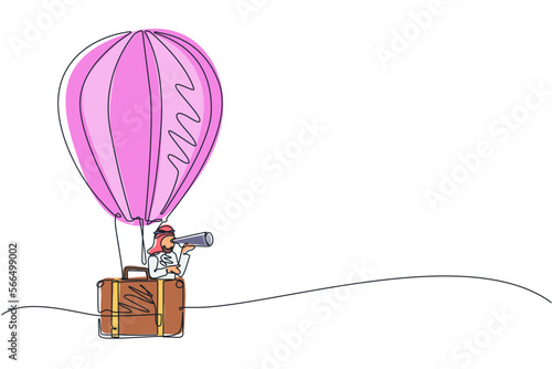 Single one line drawing Arab businessman looking through telescope in hot air balloon briefcase. Man in suitcase balloon search to success. Business travel concept. Continuous line draw design vector