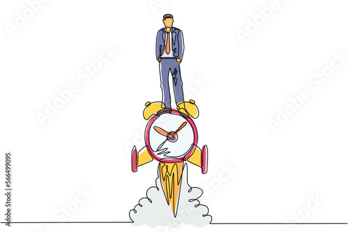 Single continuous line drawing businessman riding alarm clock rocket ship with fire, clouds. Time, watch, limited offer, deadline symbol. Time to work. Countdown shuttle. One line draw design vector