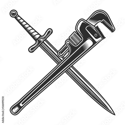 Vintage sword and body shop mechanic spanner repair tool or construction wrench for gas and builder plumbing pipe in monochrome style vector illustration
