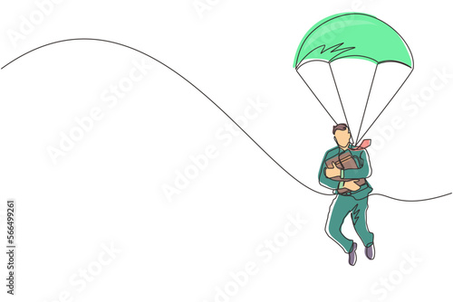 Billede på lærred Single one line drawing businessman holding briefcase and jumping with parachute
