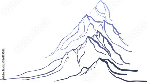 Mountain ice peaks. Vector sketch in engraving style. Hand drawn background. Graphic landscape. Adventure, winter sports, hiking and tourism illustration