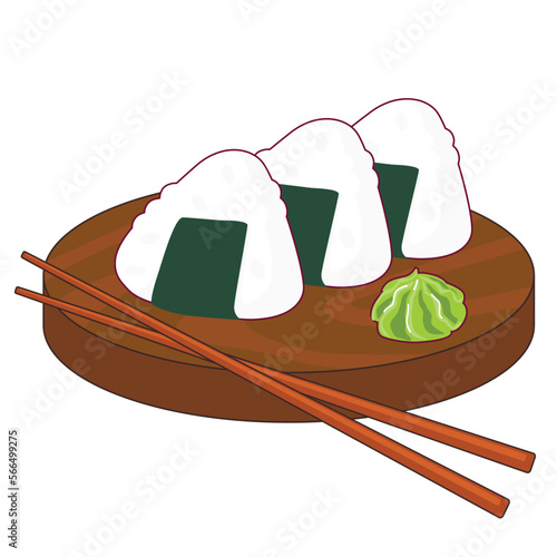 Colored illustration of delicious sushi onigiri on the board and chopsticks on white background. Cafe logo, signboard, asian cuisine, menu page, banner