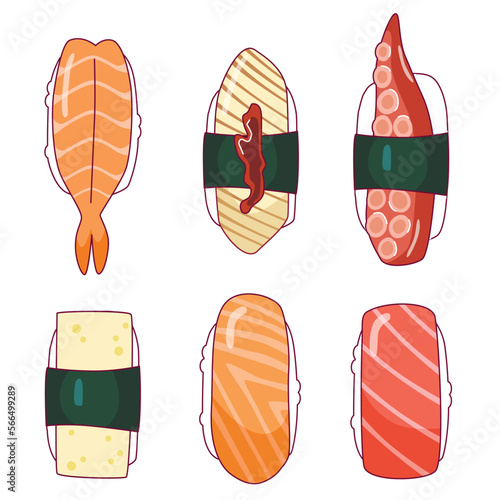 Various sushi and nigiri. Top view. Hand drawn colored Vector set. Japanese cartoon style. Trendy illustration.