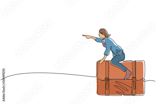 Single continuous line drawing active businesswoman flying on leather business briefcase. Leadership and attack. Business person move achieve success. One line draw graphic design vector illustration