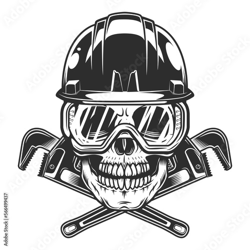 Vintage skull with safety glasses and hard hat with body shop mechanic spanner repair tool or construction wrench for gas and builder plumbing pipe in monochrome style vector illustration