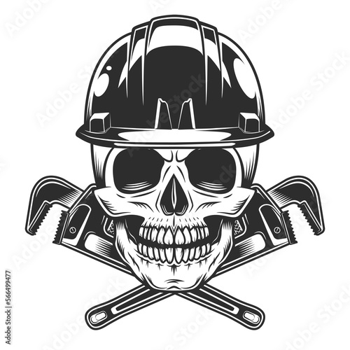 Vintage skull in hard hat with body shop mechanic spanner repair tool or construction wrench for gas and builder plumbing pipe in monochrome style isolated vector illustration